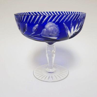 1013	COBALT CUT TO CLEAR COMPOTE, APPROXIMATELY 7 IN X 7 IN HIGH
