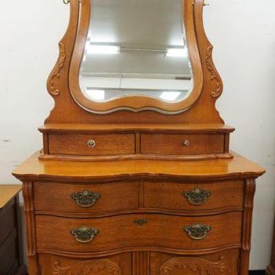 1185	LEXINGTON OAK NARROW 5 DRAWER, 2 DOOR CHEST WITH FANCY BEVELED MIRROR, APPROXIMATELY 38 IN X 21 IN X 82 IN H
