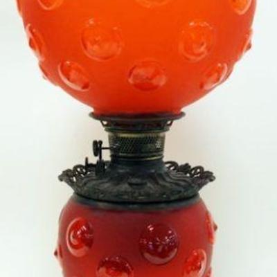1173	ANTIQUE GONE WITH THE WIND PARLOR LAMP WITH RED SATIN BLASS BULLS EYE FONT AND GLOBE, APPROXIMATELY 29 IN H
