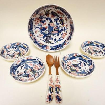 1158	ASIAN 7 PIECE POTTERY SALAD SET WITH SERVING PIECES, BOWL APPROXIMATELY 10 IN X 4 IN H
