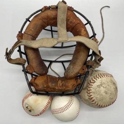 Vintage Catcher Mask and 3- Baseballs