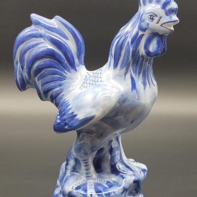 Blue & White Ceramic Rooster Stands at 12in T