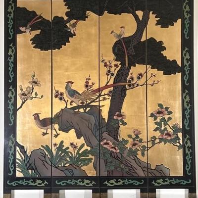 Black Lacquer & Gold 4-Panel Asian Room Screen w'
Cherry Blossom & Phoenix
64 3/4 x 72in total
Each panel measures 16in w