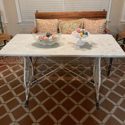 TABLE WITH MARBLE TOP & CAST IRON LEGS
