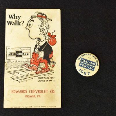 1925 Chevrolet Advertisement Card & 1927 Pin