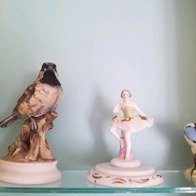 Lefton china chickadee, Dresden lace ballerina, Bing & Grondahl bluetitC