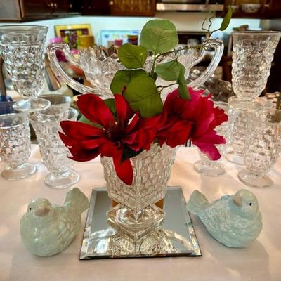 Fostoria glass - pitchers, platters, relish dishes, vase, plates (2 sizes), sunday glasses, compote