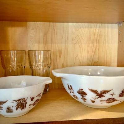 Vintage Pyrex Federal Eagle bowls - 2 white and 1 brown