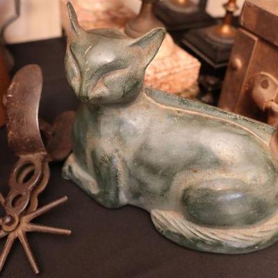 Antique decor, spurs, Victorian cat shaped boot scraper