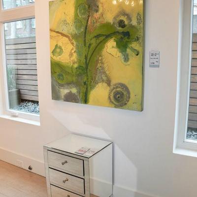 Art by Litvak and Mirrored Side Table (small crack on bottom drawer)