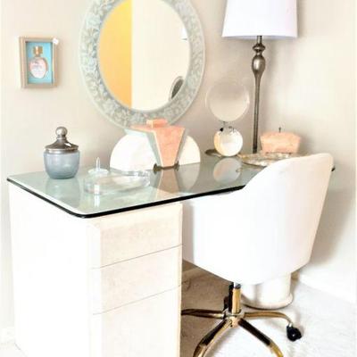 Glass top vanity with 3 drawers, Wall mirror, and accessories