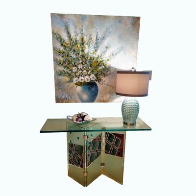 Fabulous Joan Irving glass foyer table, lamp and large floral wall art