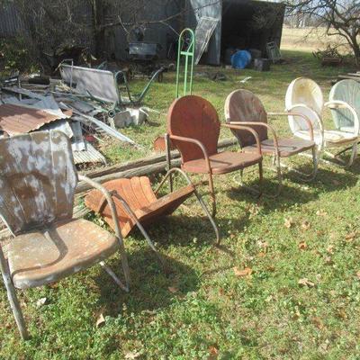 SIX ASSORTED VINTAGE 1940S, 50S ANTIQUE METAL OUTDOOR CHAIRS SOME MAY NEED REPAIR