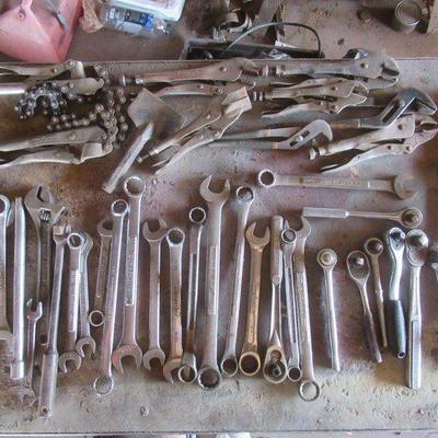 TOOLS AS PICTURED WRENCHES, RATCHETS, VICE GRIPS, CHANNEL LOCKS, CUTTERS, ETC.