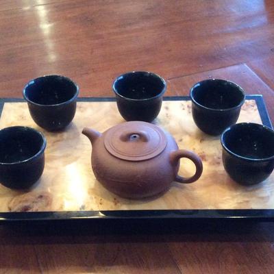 Ceramic tea set with wooden tray