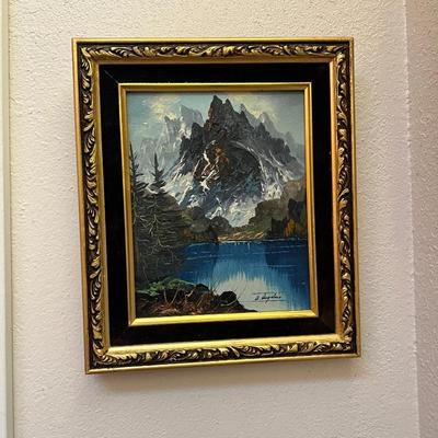 Beautiful original painting of majestic mountain peak and lake, sold at Hollywood benefit auction