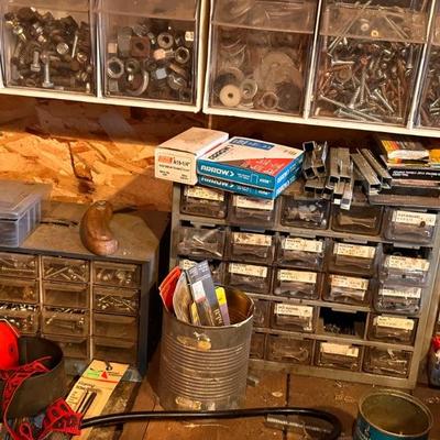 Assorted tools, nuts, bolts, camping supplies, and more