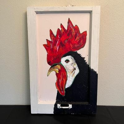 Original Painting of Chicken on Vintage Glass and Wood Frame Window (attributed to Cassandra Shaw)