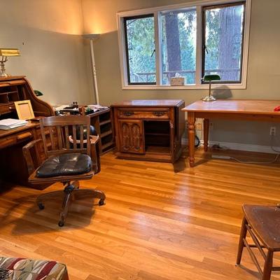 Solid Pine Table or Desk, Assorted Vintage Wood Furniture and Chairs