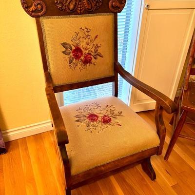 Antique Carved Wood and Embroidered Armchair Accent Chair