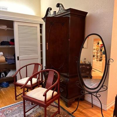 Century Wood Dresser Armoire Cabinet, Baker Furniture Armchairs, and Black Metal Standing Mirror