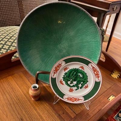 Large green metal bowl $15
Fitz & Floyd dragon plate $10 SOLD