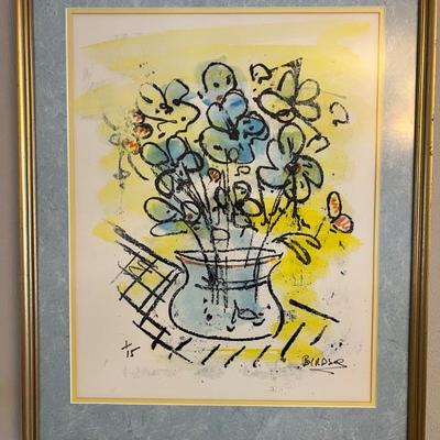 Alfred Birdsey signed and numbered lithograph framed floral vase is $100. 22â€ wide x 28â€ tall 
