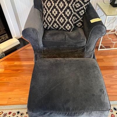 Mitchell Gold chair in blue velour slip cover $195. Has small ~1.5 inch tear in slip cover. See next photo
