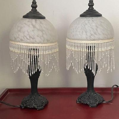 pair of lamps w/glass beaded fringe globes