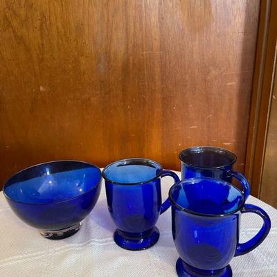 3 cobalt blue mugs and bowl