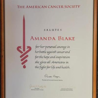 American Cancer Society Courage Award 15 x 21 Presented by President Ronald Reagan          