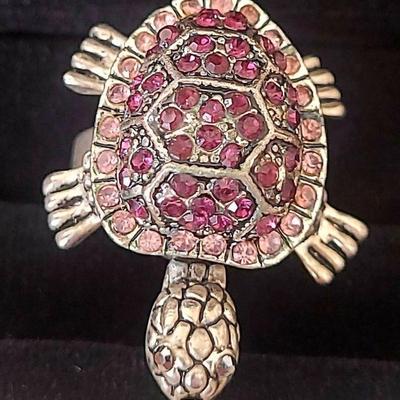 Fuschia Rhinestone Sterling Silver Turtle with movable head and fins ring
