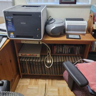 Printer, another bookcase, desk chair