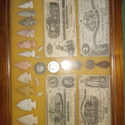 Early arrowheads, silver coins, confederate money