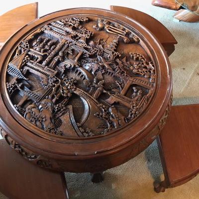 $295 Japanese carved table and 4 stools 36 X20