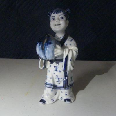 Vintage Hand Painted Blue/White Asian Chinese Girl with Pumpkin Porcelain Figurine