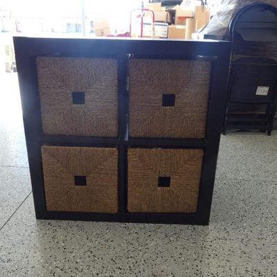 Black Wood 4 Cube Storage with Woven Baskets
