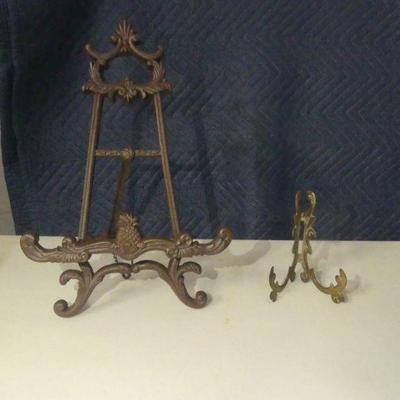 Vintage Cast Iron Cookbook Stand/Table Easel and Brass Plate Stand