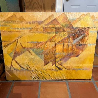 Gold Bison with Mountains by Norman Baugher, in the style Georges Braque, 30"H x 40"W