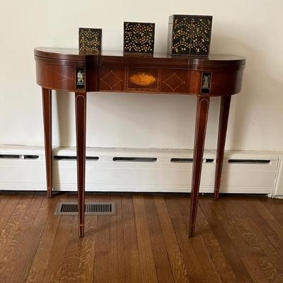 Antique Sheraton style demi-lune table, mahogany with inlay