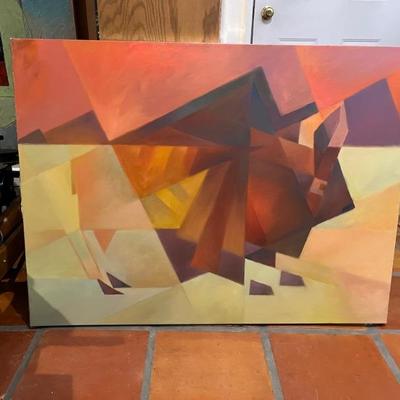 Red Bull by Norman Baugher, cubist, in the style of Georges Braque, 30"H x 40"W