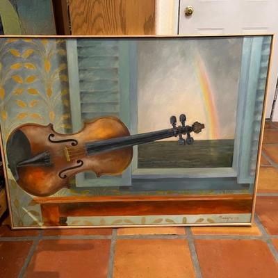 Still Life with Violin and Rainbow by Norman Baugher, in the style of Rene Magritte, 30"H x 40"W