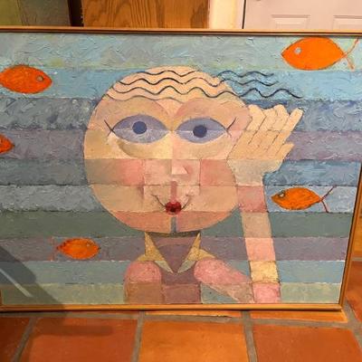 Gold Fish Bowl by Norman Baugher, in the style of Paul Klee, 30"H x 40"W