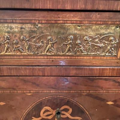 Beautiful antique chest with two drawers and a marble top, elaborate fruitwood inlay and bronze mounts, 34