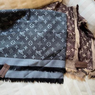 Louis Vuitton silk and wool monogram shawls, gray and brown, new with tags