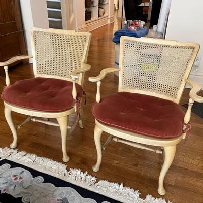 mid-century armchairs, ivory wood and caning with dark red velvet cushions, 3 available