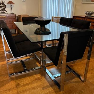 Milo Baughman for Thayer-Cogginâ€”chrome and glass dining table with 6 matching chairs covered in black velvet, MCM