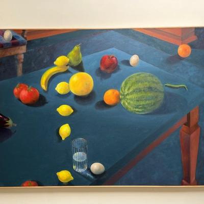 Fruit Scattered on a Blue Table by Norman Baugher, forced perspective like Cezanne, 36"H x 48"W