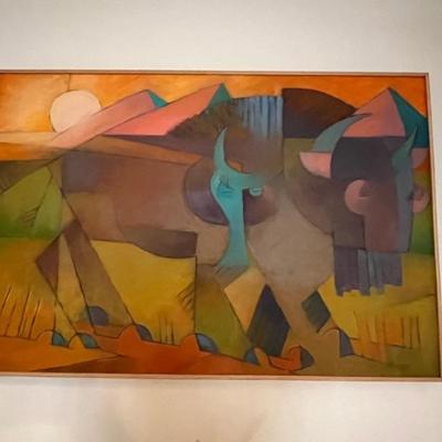â€œA Bull and A Cowâ€ by Norman Baugher, cubist style, in the manner of Picasso, 46â€h x 56â€W