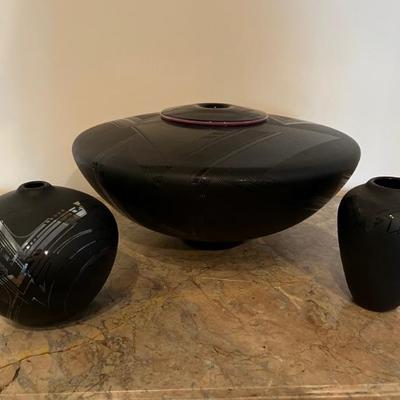 1980s black studio art glass vases, signed